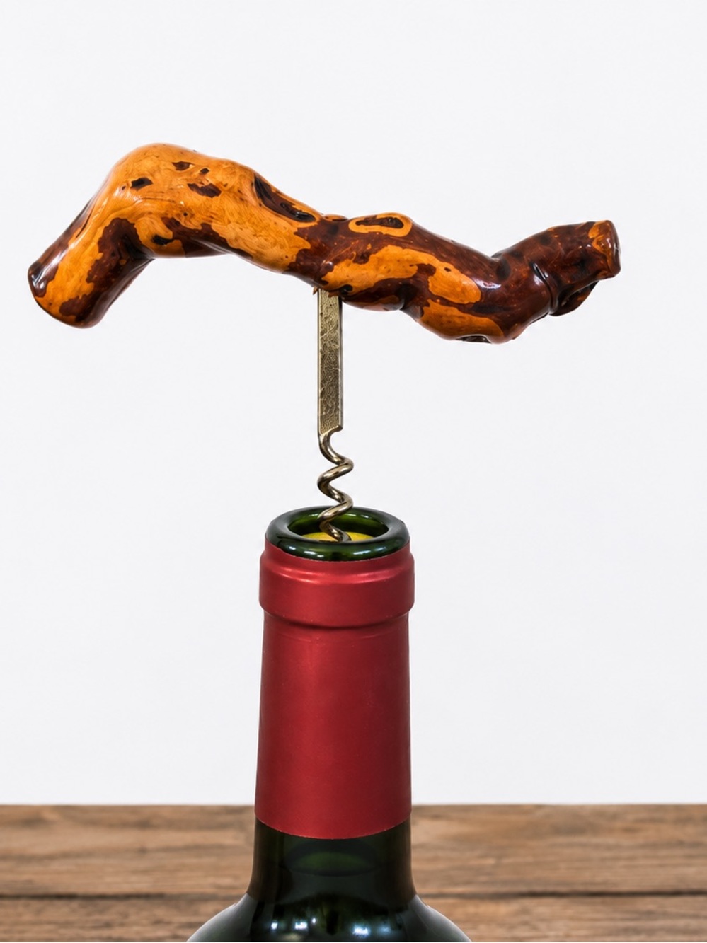 Wine Bottle Corkscrew Burl Wood Grape Vine Steel Worm Handcrafted Vintage.